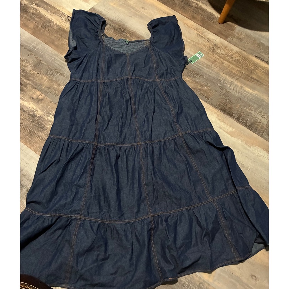 Terra & Sky Womens 3X Flutter Sleeve Denim Midi Dress Tiered Smocked Back Blue